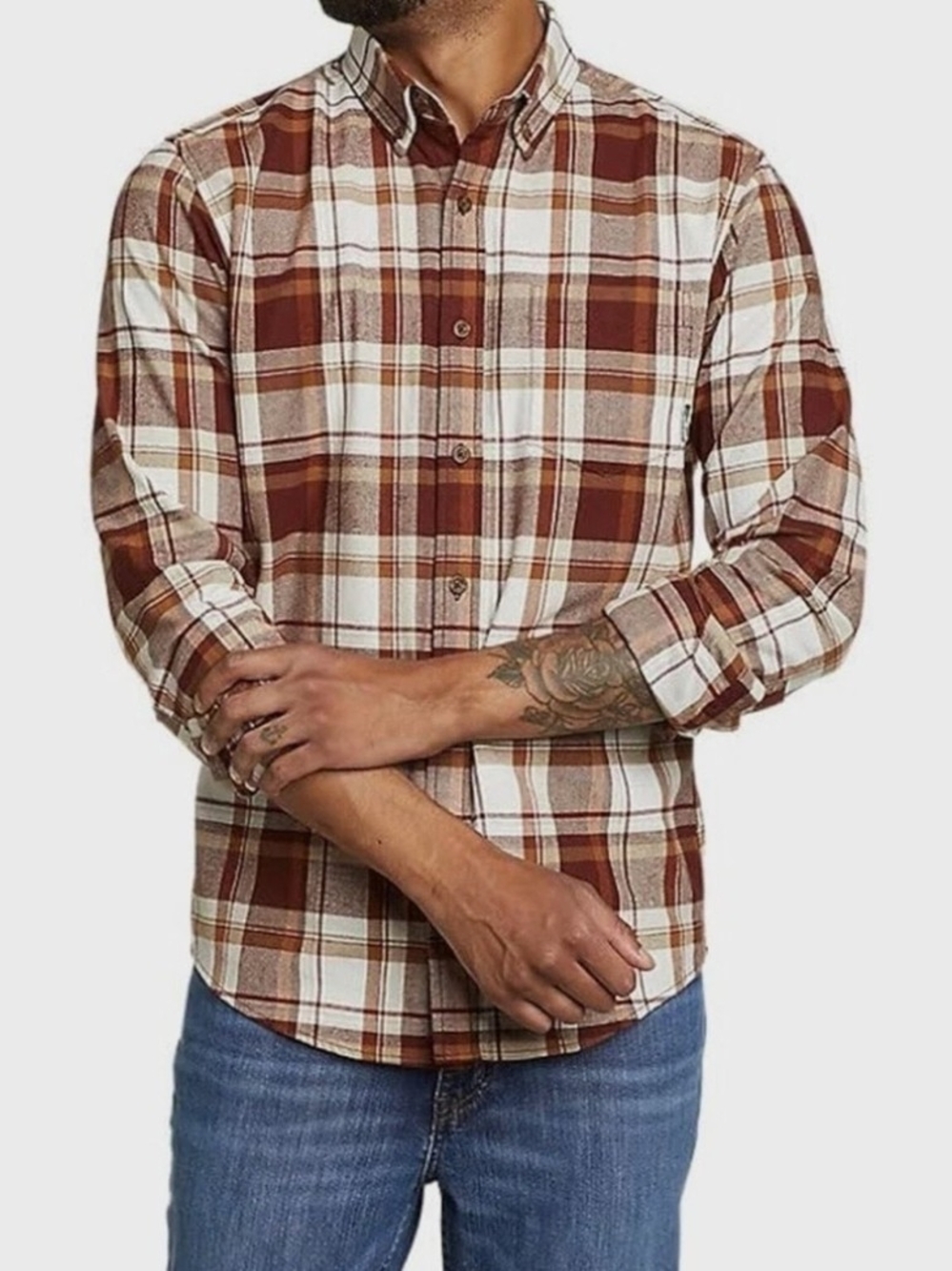 Eddie Bauer Men's Classic Plaid Flannel Shirt Burgundy, Brown, And White XL